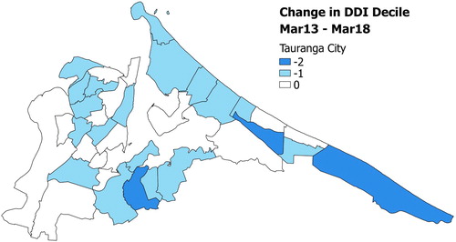 Figure 2. Changes in deprivation deciles for AUs within Tauranga City.