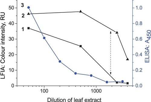 Figure 7. Plots of the colour intensity (LFIA) and A450 (ELISA) vs. the dilution of infected leaf extract. Curves 1, 2, and 3 represent conventional LFIA, silver-enhanced LFIA, and ELISA, respectively. Arrows indicate the different colour intensities between conventional and silver-enhanced LFIAs.