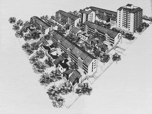 Figure 8. Cross Street Co-operative Housing Perspective. Earle, Shaw & Partners ca. 1967. 1973.0001 Box 1, David Saunders Collection, University of Melbourne Archives, University of Melbourne, Parkville, Victoria. Image courtesy of the Shaw Family and the University of Melbourne Archives.