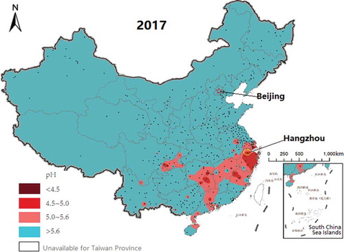 Figure 1. The annual average pH distribution of precipitation in China in 2017.