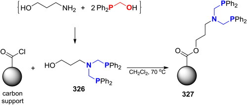 Scheme 191. Functionalization of an activated carbon support with P2,N-acetals using 3-aminopropanol as a linker.[Citation530]