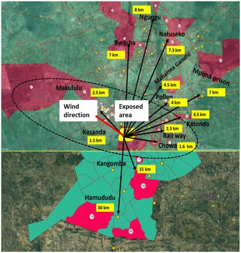 Figure 2. Map of Kabwe showing the 13 health centres (yellow blocks) that were included in the study. The dashed oval-shaped line showed the Pb-polluted area (as exposed area) and outside is Pb-unpolluted area (as control area).