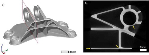 Figure 4. Topology-optimised AlSi10 Mg engine bracket. (a) 3D volume rendering of the complete part scanned in ‘good orientation’ without a pre-filter but using BHC (voxel size: 105 μm; see Table 1 for scan parameters). The cutting plane of slice image is represented by dashed red lines. (b) XCT slice image through the left clevis arm according to the cutting plane shown in (a). Yellow arrows indicate regions of strong showing beam-hardening artefacts.