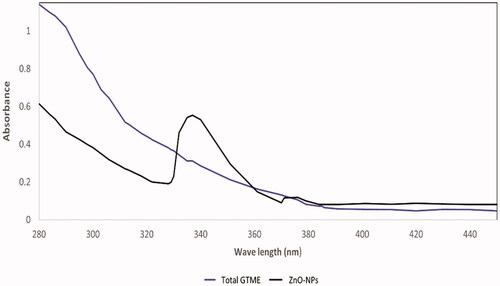 Figure 2. UV spectrum of GTME and the biosynthesized ZnO-NPs.