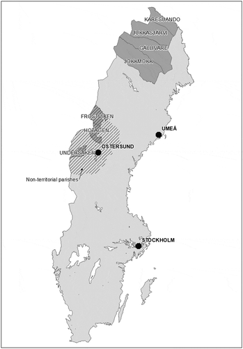 Figure 1. Map of Sweden, including parishes in the Sápmi area