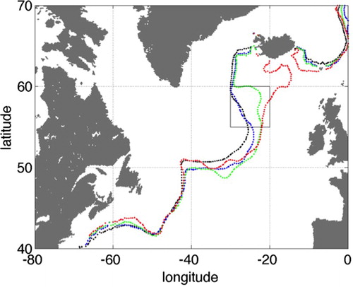 Figure 4.3.3. Location of the 35.1 isohaline estimated from the mean annual salinity field for 2014 (blue), 2015 (green), 2016 (red) and 2003–2014 (black). The black box corresponds to the control box used in Figure 4.3.2 to compute the depth-time diagram (product reference 4.3.1).