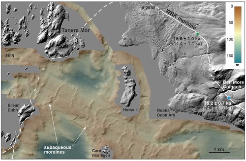 Figure 2. High-resolution bathymetric-topographic digital elevation model showing the seabed moraines around the Summer Isles and in the approaches to Loch Broom. Elevation model lit from the NW (315) to aid visualisation. Offshore (MBES) data collected by BGS-NERC; cell size 5 m; onshore (airborne radar) data from NEXTMap Britain (Intermap Technologies); cell size 5 m. WRR = Wester Ross Readvance. Solid white line shows mapped ice-sheet limit at WRR; dashed where uncertain. Numbers next to WRR moraine are mean TCN exposure ages from published studies (green box = Bradwell, Fabel, et al., Citation2008; blue box = Ballantyne et al., Citation2009). TCN exposure ages have been re-calibrated using the online CRONUS-Earth calculator (Balco et al., Citation2008). Ages in bold use the Loch Lomond production rate; ages in brackets use the Global default production rate (See Ballantyne & Small, Citation2019 for more details.)