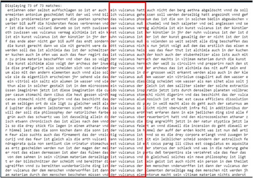 FIGURE 3 Concordance of the term Vulcanus (fragment), with added red outline.