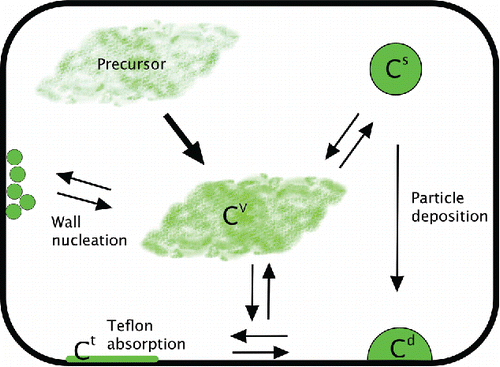 Figure 2. Wall interactions in an SOA formation experiment. Many wall-loss processes complicate the determination of the SOA mass yield, which is based on suspended particle concentration (Cs). Particles deposit to chamber walls, and these particles may interact with the vapor phase. Organic vapors may also be lost to the wall directly via Teflon absorption and/or wall nucleation.