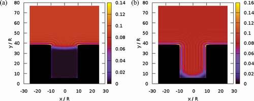 Figure 9. Color map of the density field of a liquid in contact with an hydrophobic surface with a 2D squared pore. The two panels show the two (meta)stable states of the liquid. The alternation of darker and lighter colors corresponds to local maxima and minima of the density field, the typical oscillation of the liquid density at hydrophobic walls.