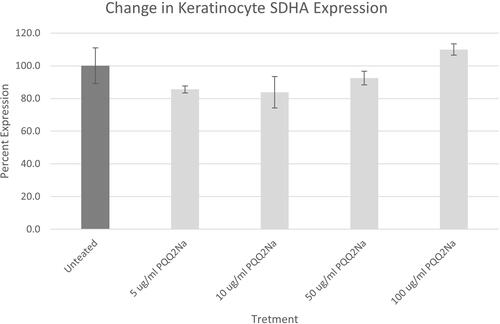 Figure 4 SDHA assay results on NHEKs expressed as a percentage against untreated cells. Results have been adjusted for cell density using Janus Green staining. No statistically significant changes were noted between the PQQ2Na-treated cells and the untreated control cells.