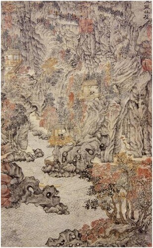Fig. 7. Wang Meng (c. 1309–85), Forest Chamber Grotto at Juqu, 1375, hanging scroll, ink and color on paper, 68.7 cm x 42.5 cm, National Palace Museum, Taiwan. Open Access.