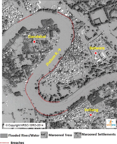 Figure 8. Flood inundation observed in parts of Gandabal, Soitang and Batwara area, Srinagar from high-resolution IRS Cartosat image of 9 September 2014.
