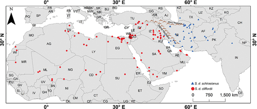 Figure 1. Geographical distribution range of the S. d. schirasianus and S. d. cliffordii based on data taken from Marx (Citation1959), Baig and Masroor (Citation2008), www.GBIF.org website and our study.
