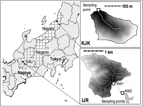 Figure 1. Locations and images of Lake Ijira catchment (IJR) and Kajikawa catchment (KJK) in central Japan (after Kamisako et al. Citation2008; Sase et al. Citation2019). Stream water samples were collected at the outlet of catchment areas (shown as the sampling points). In the case of Lake Ijira catchment (IJR), stream water samples have been collected at RW1 and RW2 since 2007 and 1988, respectively.