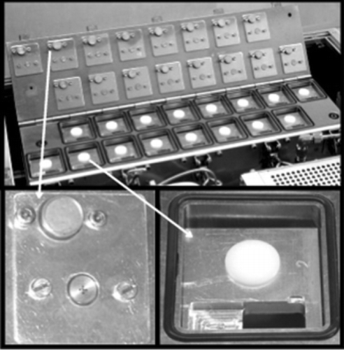 FIG. 1 The aerosol sampler, with the lid in its open position, consisting of 16 channels. Details are showing the nozzles (left) and the position where the samples are placed (right).