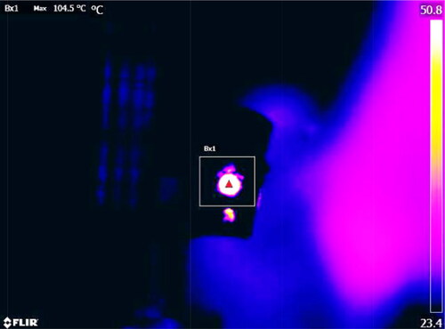 Figure 9. Maximal registered temperature during drilling below the bone wall of bovine femur. Bx1, box 1 (Max 104.5 °C).