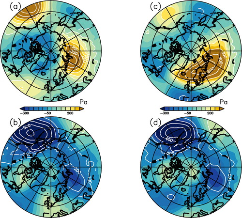 Fig. 8. Composites of SLP anomalies during positive (a,c) and negative (b,d) temperature (a,b) and precipitation (c,d) anomalies in Ny Alesund. The composites are constructed for years when temperature/precipitation anomalies were positive and negative during La Nina and El Nino respectively. Contours represent regions of significance at 95% confidence level.