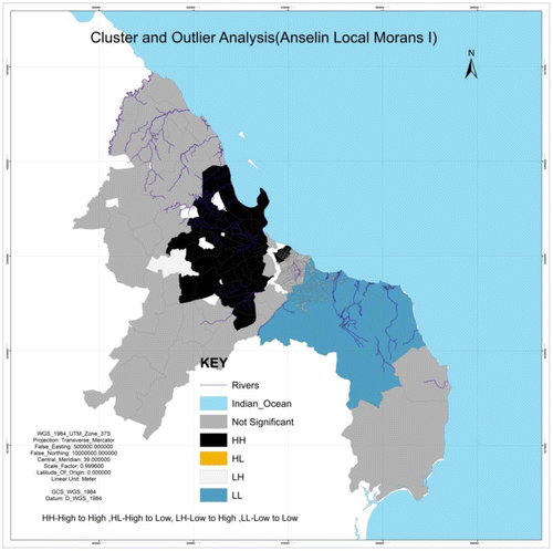 Map 6. Population and city growth with the cluster and outlier analysis spatial correlation model (Anselin Local Moran’s) shows a high level of clusters around the city center in black color, which is reduced sequentially outwards towards the city fringes.