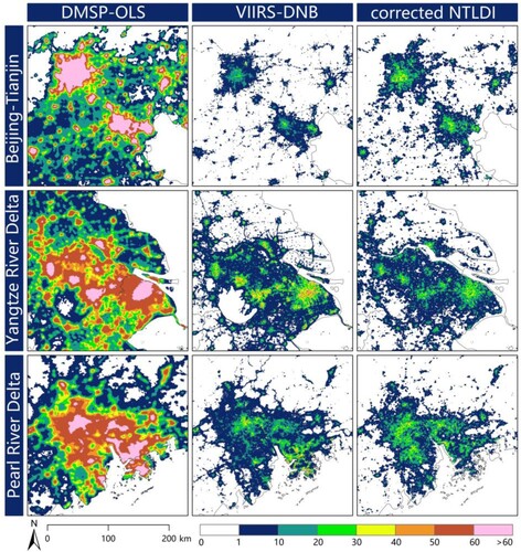 Figure 4. The details of DMSP-OLS, VIIRS-DNB, and CNTLDI data for the year 2012.