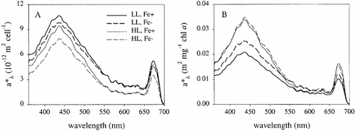 Fig. 1. In vivo absorption spectra of Chaetoceros brevis at the end of batch growth experiments under various conditions. (A) Absorption normalized to cell number; (B) Absorption normalized to chlorophyll a concentration. For abbreviations in key see Table 1.