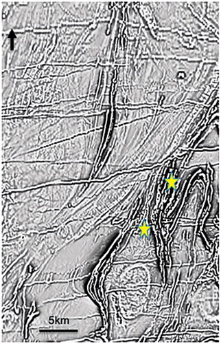 Figure 4. Aeromagnetic image (TMI-RTP-1VD, no shadow) of the Archean NW Yilgarn around Meekatharra showing regional structures: the large dextral regional Moongarnoo shear zone, kilometric-scale S-C fabrics within the shear zone, regional folds of banded-iron formations and ultramafic flows, pressure shadows to sub-regional scale granites (largely undeformed cores), cross-faults (mostly narrow linear magnetic lows) and mostly Proterozoic dolerite dykes (magnetic highs). There is only minor hard-rock outcrop in this area. Star symbols show the location of the two >1 Moz goldfields. Paddys Flat is a complex area of magnetic ultramafic and banded-iron formations, with cross-faults. The second southern goldfield is Yaloginda (Bluebird) in the northern pressure shadow of the granite with cross-faults. An exploration target may be hypothesised, being the southern pressure shadow of the same oval granite. This author has drilled one Air-Core hole, and any mineralisation is beneath >100 m of barren clays.