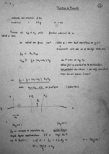 Figure 2 Two pages of calculation brought by de Gennes the day after his visit to the laboratory. He offered to us the explanation of roll instabilities in a nematic layer subject to shear flow.