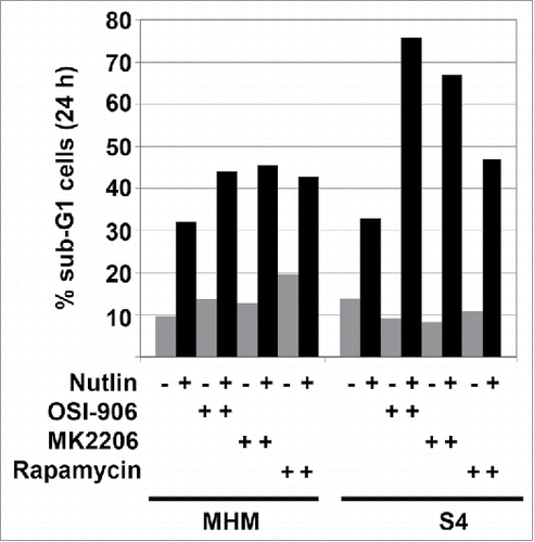 Figure 4. The effect of IGF-1R/AKT inhibitors on Nutlin-induced apoptosis. MHM, S1, and S4 cells were treated with Nutlin alone (10 μM) or in combination with inhibitors of IGF-1R (OSI-906 10 μM), AKT (MK2206, 10 μM), rapamycin (0.5 μM) or rapamycin plus MK2206 for 24 or 48 hrs. The percentage of cells with sub-G1 DNA content was determined.