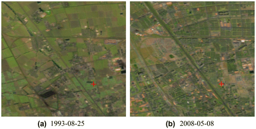 Figure 3. Landsat-5 images (SWIR1 band as red channel, NIR as green channel, and Red band as blue channel) before and after 1994, and red crossing shows the position for time series analysis.