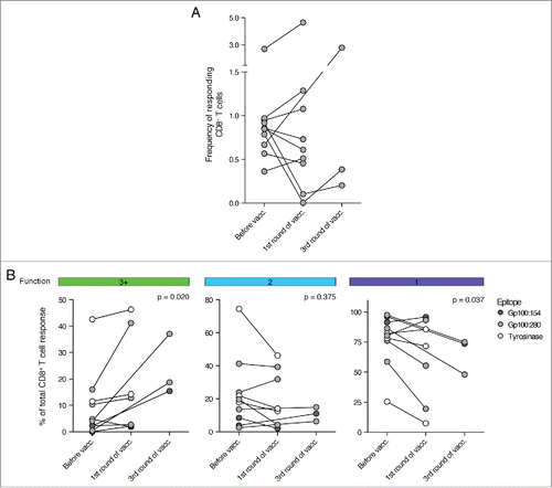 Figure 5. DC vaccination improved the functionality of pre-existing, tumor-specific CD8+ T cell responses. The functionality of tumor-specific CD8+ T cells was measured before and at the first available time point after DC vaccination. (A) Shown is the development of the frequency of responding CD8+ T cells during the course of DC therapy. No significant trend could be observed. (B) The fraction of multifunctional CD8+ T cells increased during DC vaccination therapy whereas the contribution of monofunctional T cells to the tumor-specific CD8+ T cell response declined. (n = 10, Wilcoxon matched-pairs signed rank test, samples after 1 and 3 cycles of DC vaccination are analyzed together as one “after vaccination” time point).