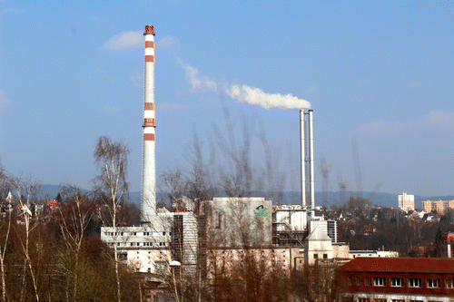 Figure 1. The district heating plant (left) and incinerator (right) occupy a prominent location in the city center of Liberec. Source: Photo by Stefan Bouzarovski.