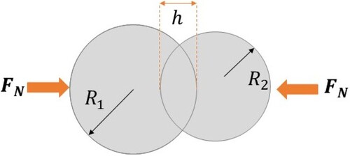 Figure 3. Illustration of two spheres in contact and variables to define contact –overlap relation.
