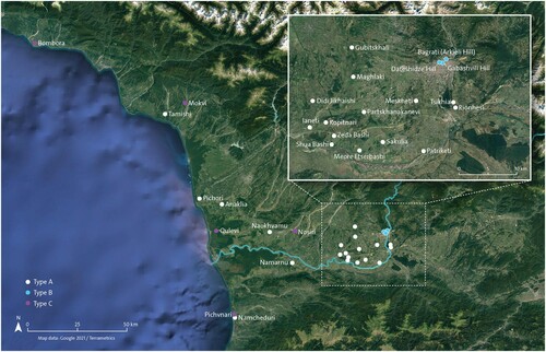 Figure 7. Map of the Colchian settlements mentioned in the text, divided by type with a focus on the Kutaisi region (Drawing by M. Holappa; data source: Google Earth and Terrametrics 2021).