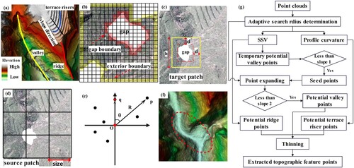 Figure 2. Information on the TFPM method. (a) Topographic features. (b) Grid strategy used in gap boundary detection. (c) Target patch generation. (d) Source patch generation. (e) Central point and its neighbouring points. (f) Gently sloped areas in a valley. (g) The flowchart of the topographic feature extraction method.