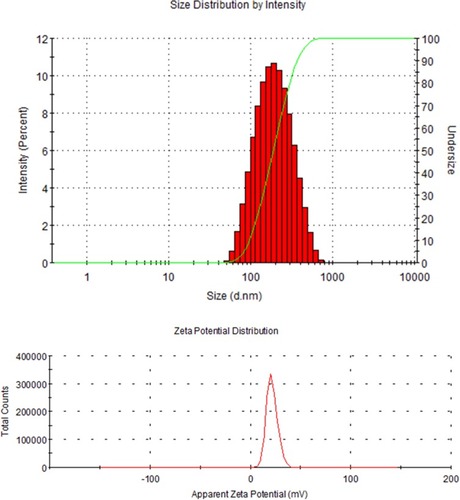 Figure 6 Size distribution and zeta potential of the PCC liposomes.Abbreviations: PCC, photo-responsive Camellia sapogenin derivative cationic.