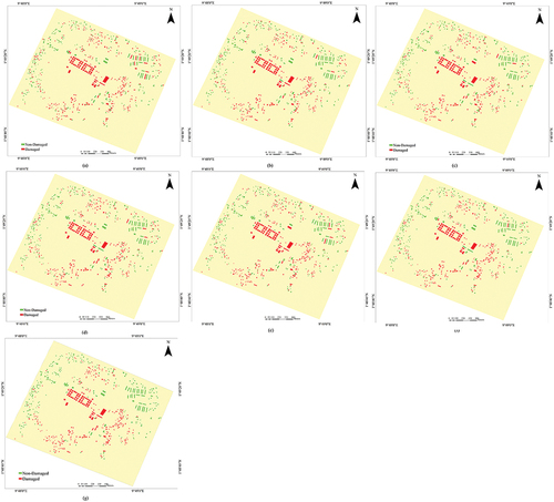 Figure 10. Visual comparison of the results from building damage mapping for the Bata explosion: (a) CNN, (b) Res-CNN, (c) CECNN, (d) VGG-19, (e) ViT, (f) the proposed method, and (g) ground-truth.