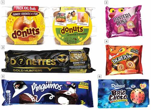 Figure 2. Packaging analyzed in the bakery category (1: Donuts Glacé; 2: Pantera Rosa; 3: Donettes Gold Hunters; 4: Tigretón; 5: Pingüinos; 6: BrioChoco).