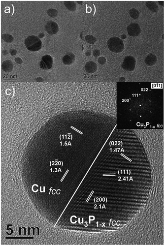 Figure 5. Effects of thermal annealing on the Janus-like nanoparticles. (a) Image of a group of nanoparticles recorded at 450ºC. Dark grey domains indicate the presence of Cu, lighter grey domains are constituted by Cu3P; (b) Image of the same group of nanoparticles after 10 min of annealing at 500ºC. No difference in tone indicating the presence of different domains can be observed; (c) HRTEM image of a Janus-like Cu-Cu3P nanoparticle annealed at 150ºC, with both domains exhibiting fcc crystal structure. Reprinted with permission from [Citation29]. Copyright [2012] American Chemical Society.