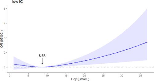 Figure 1 Association between Hcy and low IC based on the restricted cubic spline model. The solid lines represent OR, and the dashed line represent 95% CI. Hcy was modeled as a continuous variable with splines having 3 knots placed at the 10th, 50th, and 90th percentiles. A 95% CI for the OR that did not span 1.00 was considered P <0.05, and a 95% CI for the OR that did span 1.00 was considered P ≥0.05. The adjusted factors were age, gender, widowed, education, smoking, drinking, comorbidity, and polypharmacy.