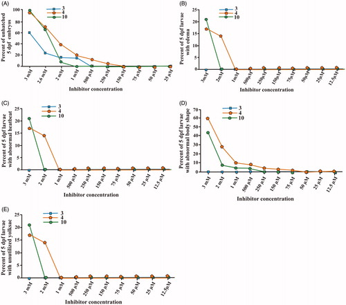 Figure 3. The effect of compounds 3, 4 and 10 CA inhibitors on the phenotypic parameters of the 5 dpf zebrafish larvae. The plot graphs of different phenotypic abnormalities in (A) hatching, (B) oedema, (C) heartbeat (D) body shape and (E) yolk sac utilisation. For each concentration, n = 90. *p < 0.05 by two-tailed Fisher’s test.