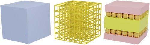 Figure 4. Illustration of fully dense (left), lattice (middle) and multi-material (right) printed architectures.