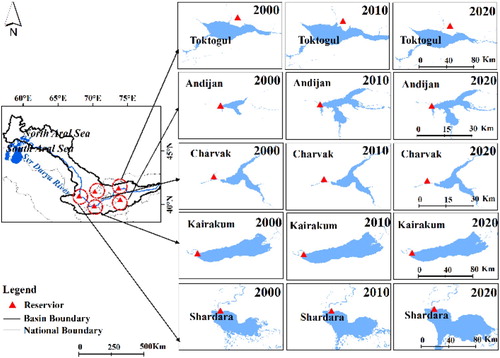 Figure 6. The water surface areas of reservoirs in the Syr Darya basin in 2000 and 2020.