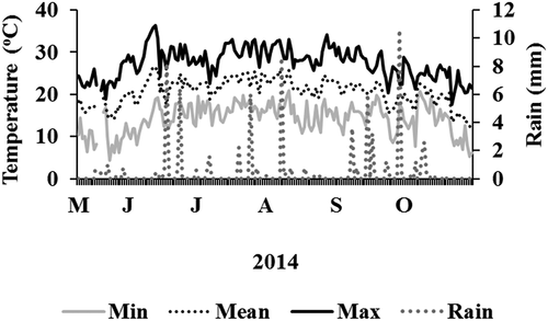 Figure 1. Daily minimum (Min), mean and maximum (Max) air temperature and rain values during the irrigation season of 2014 (10/05 to 31/10 included) at SUDEXPE-CEHM, Marsillargues, France