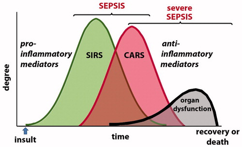 Figure 5. An alternative model for the progression of sepsis to severe sepsis proposes that the CARS begins while the pro-inflammatory SIRS is still present. Understanding the interplay of these opposing features may help investigators discover the pathogenesis of the organ dysfunction that occurs in patients who develop severe sepsis (and die).