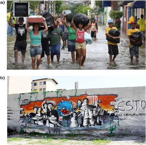 Figure 1. (a) Residents were moving to temporary accommodation.Footnote10 (b) Graffiti by Cristiano Ignoto – a local artist of Jardim Romano.