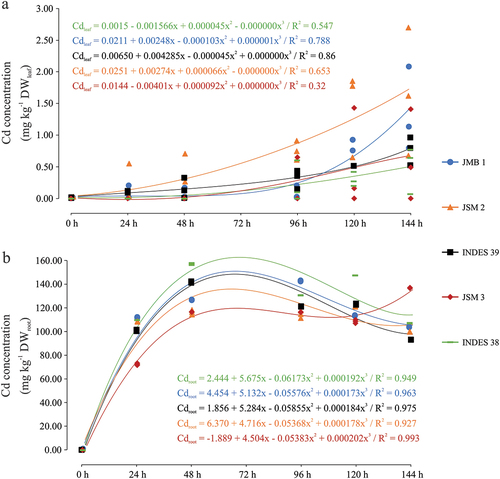 Figure 5. Polynomial regression curves for cadmium accumulation in leaves (a) and roots (b) of five genotypes of fine-aroma cocoa grown under exposure to CdCl2 for different times.