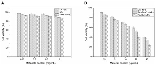 Figure 3 In vitro cytotoxicity and anticancer activity. (A) Cytotoxicity of blank NPs, FA-NPs, and free FA+FA-NPs after incubation with L929 cells, (B) Cell viability of HeLa cells in the presence of Cur-NPs, free FA+FA-Cur-NPs, and FA-Cur-NPs.