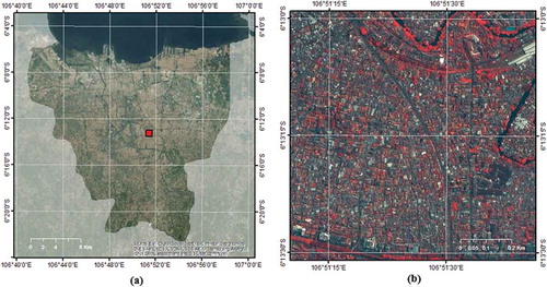 Figure 3. Map of the study area, where (a) shows the administrative boundary of Jakarta, while (b) shows the image subset of Tebet district (size = 1 square kilometre).