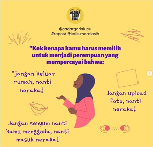 Figure 2. CGL’s post quoting a progressive young Muslim activist, Kalis Mardiasih. Source: Cadar Garis Lucu Instagram account.