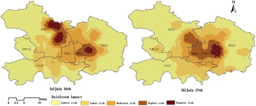 Figure 22. Distribution of rainstorm impacts in urban of Beijing on 16 and 17 July 2018